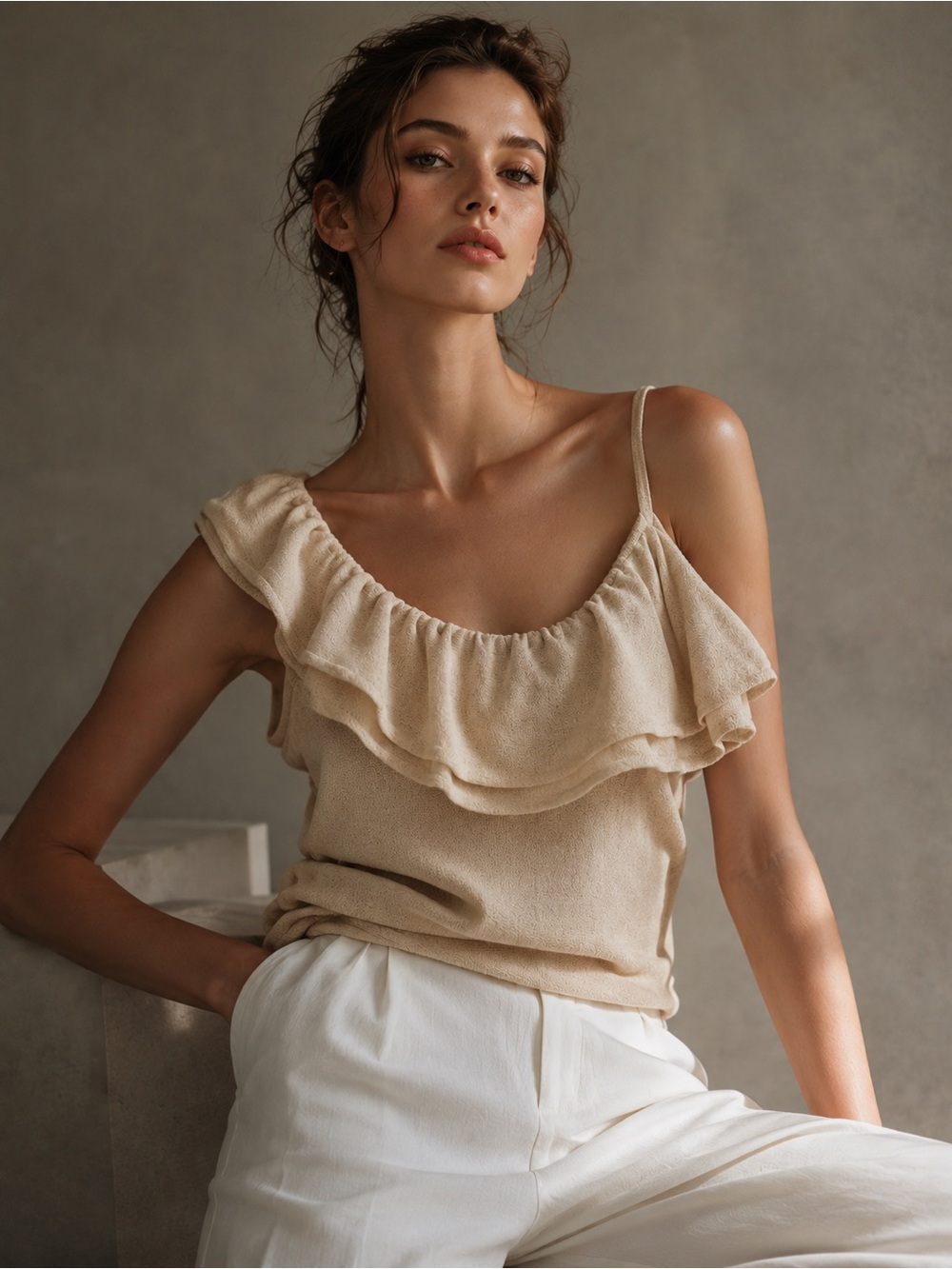 Zara Beige Ruched Off Shoulder Knit Top Size Small NWT